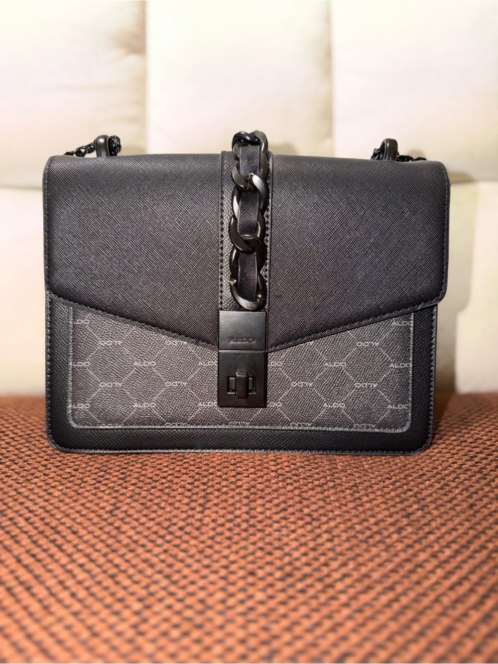Aldo Black Chain Shoulder Bag with Monogram Panel
